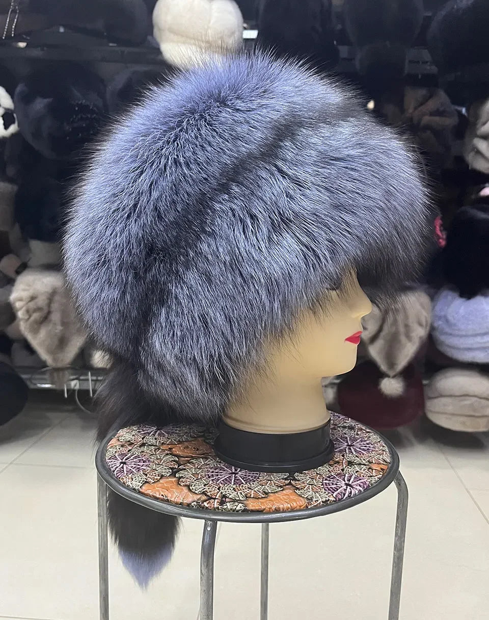 Winter Fur Women Hat with Tail Real Fox Fur Hat Luxury Raccoon Fur Beanies Warm Ear Protect Unisex Bomber Hat Wholesale Bonnets