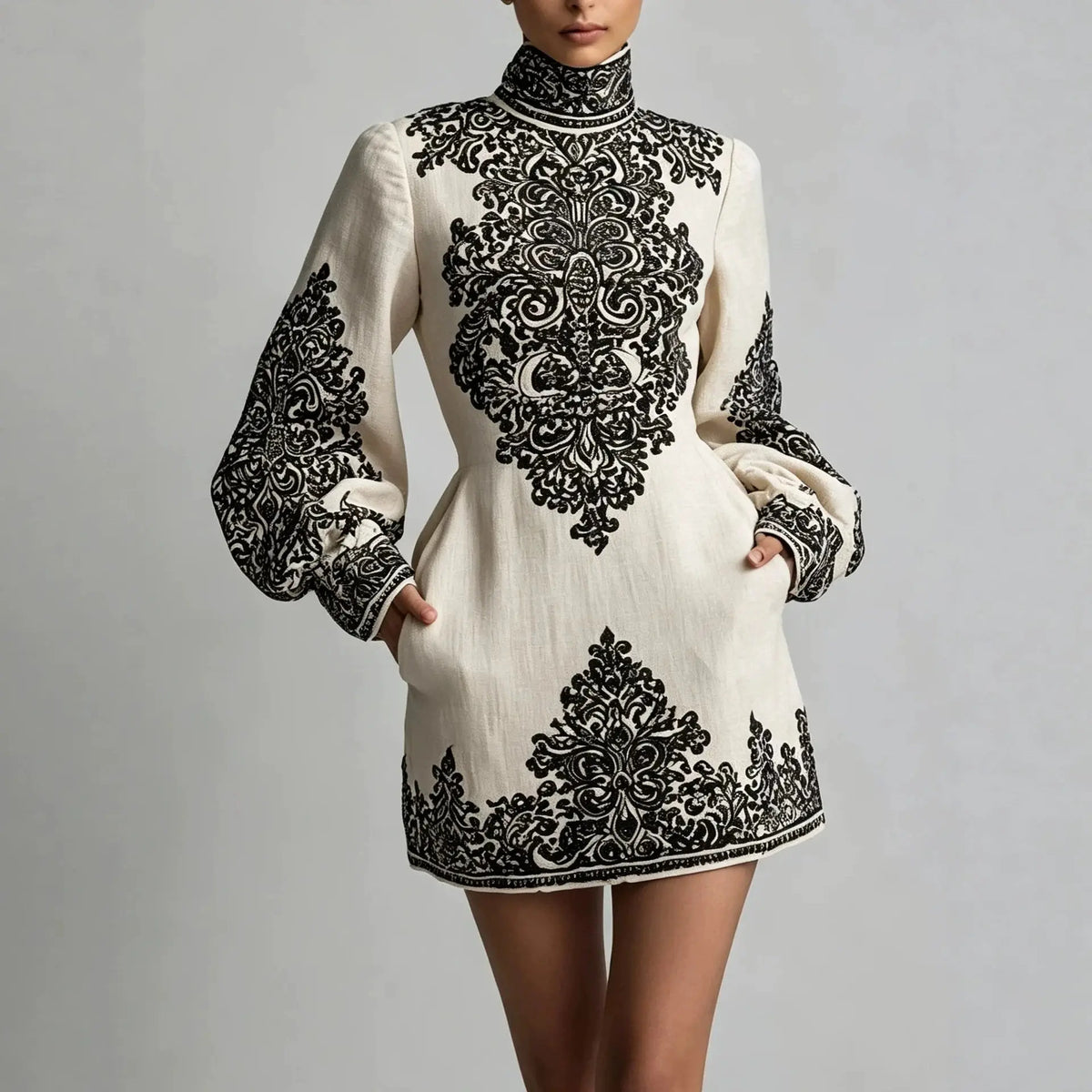 Mini Dress – High Neck – A-Line Silhouette – Polyester | KIMLUD