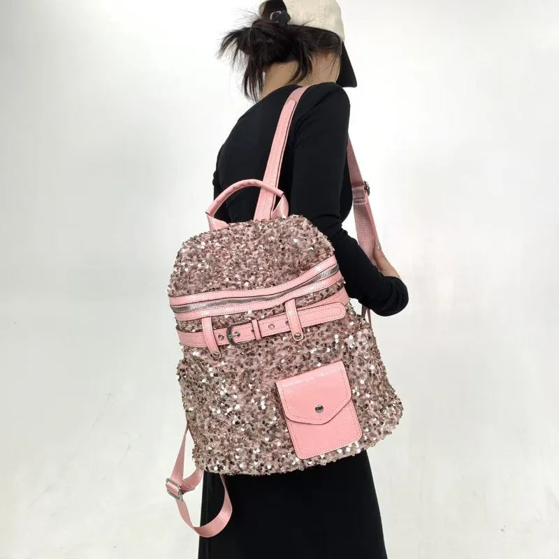 Backpack Shiny Sequin External Frame — Silver | KIMLUD