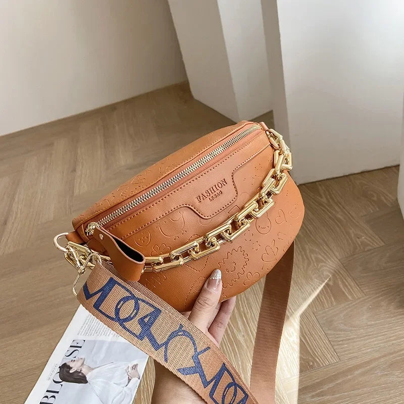 Cartoon Pattern empaistic PU Leather Fanny Pack For Women Luxury Chain Waist Bag Female Cute Waist Pack Wide Strap Crossbody Bag