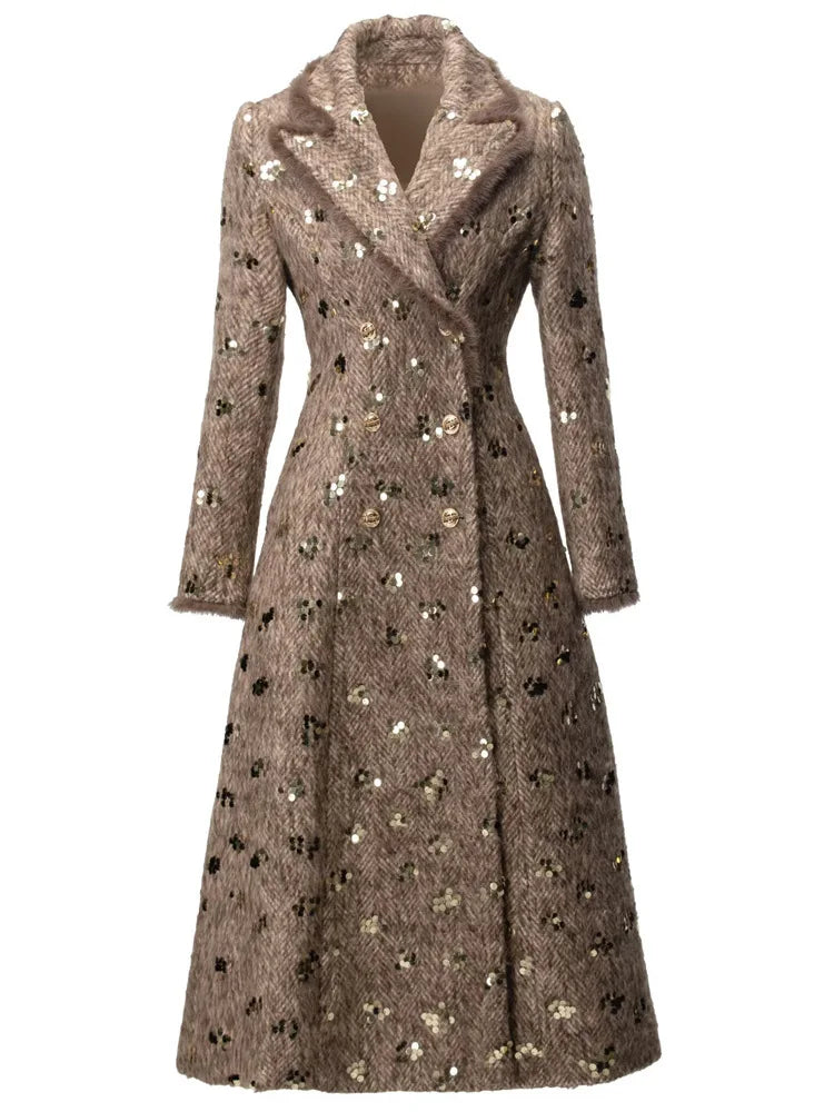 IEQJ Fashion Autumn Winter Woolen Coat Women Turn-Down Collar Fur EdgeDouble Breasted Long Sleeves Sequins Slim Blends Coat New