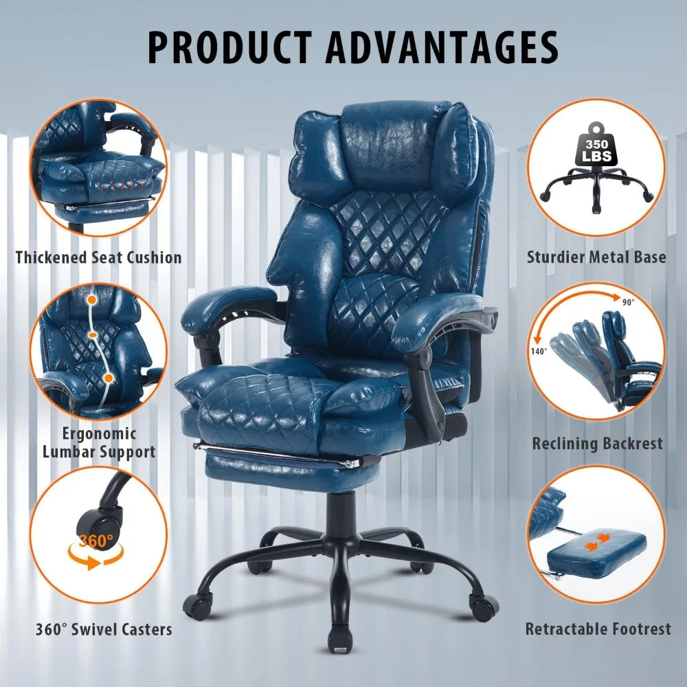 Leather Ergonomic High-Back Office Chair With Footrest And Lumbar Support — Blue | KIMLUD