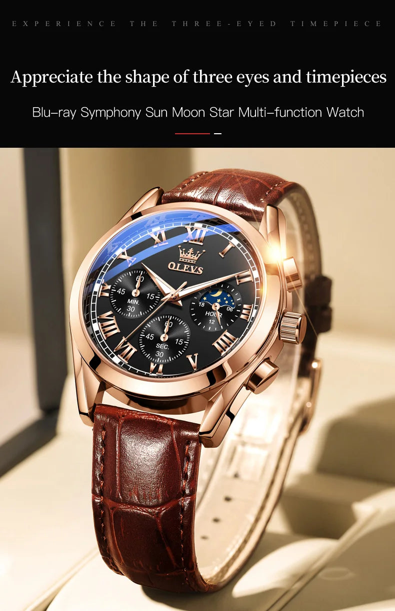 Rose-Gold Chronograph Moon Phase Watch Leather Strap — Black | KIMLUD