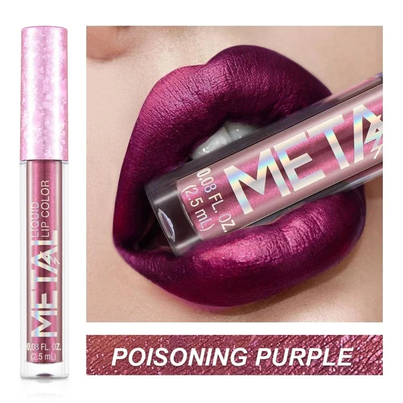 Matte Metallic Liquid Lipstick 12 Colors Waterproof Lasting Glitter Lip Gloss Shiny Shimmer Lip Tint Party Festival Lips Makeup