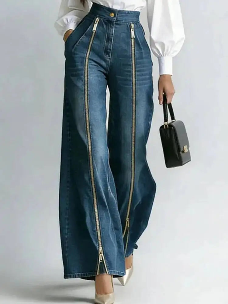 Jeans – High Waist Wide Leg With Double Zipper Split Hem – Denim | KIMLUD