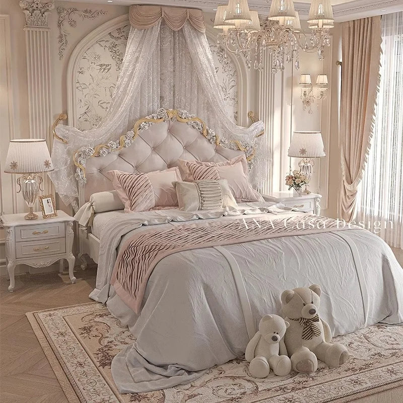 Solid Wood Bed European Court Carved — Ivory | KIMLUD