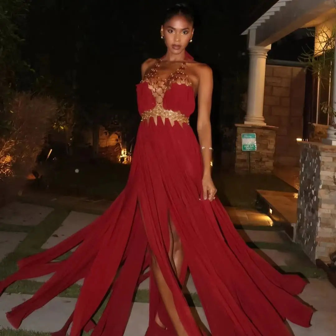 Halter Maxi Dress – Red Gold Chain Detail – Chiffon – Red | KIMLUD