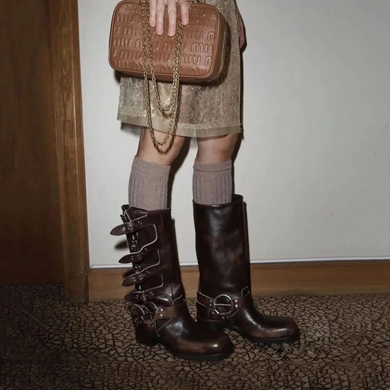 2025 Genuine Leather Platform Rivet Motorcycle boots Round toe Belt buckle Block heel mid wide calf Western boots