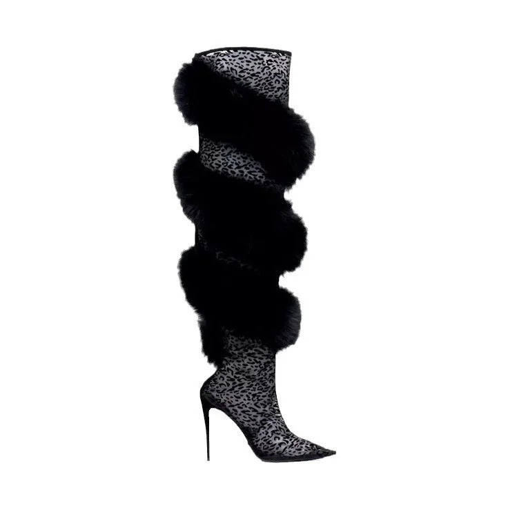 Lace Leopard Print Thigh-High Boots — Black | KIMLUD