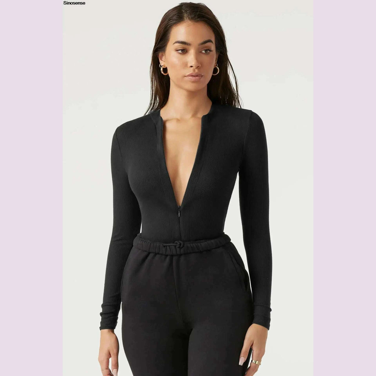 Women Long Sleeve Bodysuit One Piece Zip Front Going Out Bodysuit Tops T Shirts Sexy Deep V Neck Ribbed Bodysuit Leotard Top