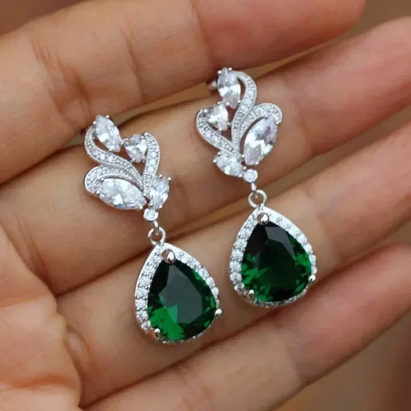 Cubic Zirconia Drop Earrings Water-Drop Inlaid — Emerald | KIMLUD