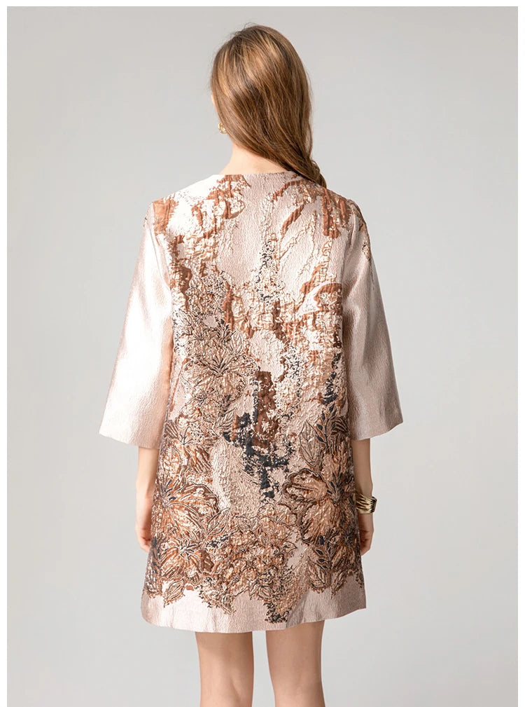 Luxury Jacquard Coat for Women Autumn Winter Vintage Gold Embroidery Beaded 3/4 Sleeve Loose Outerwear Elegant Retro Jacket