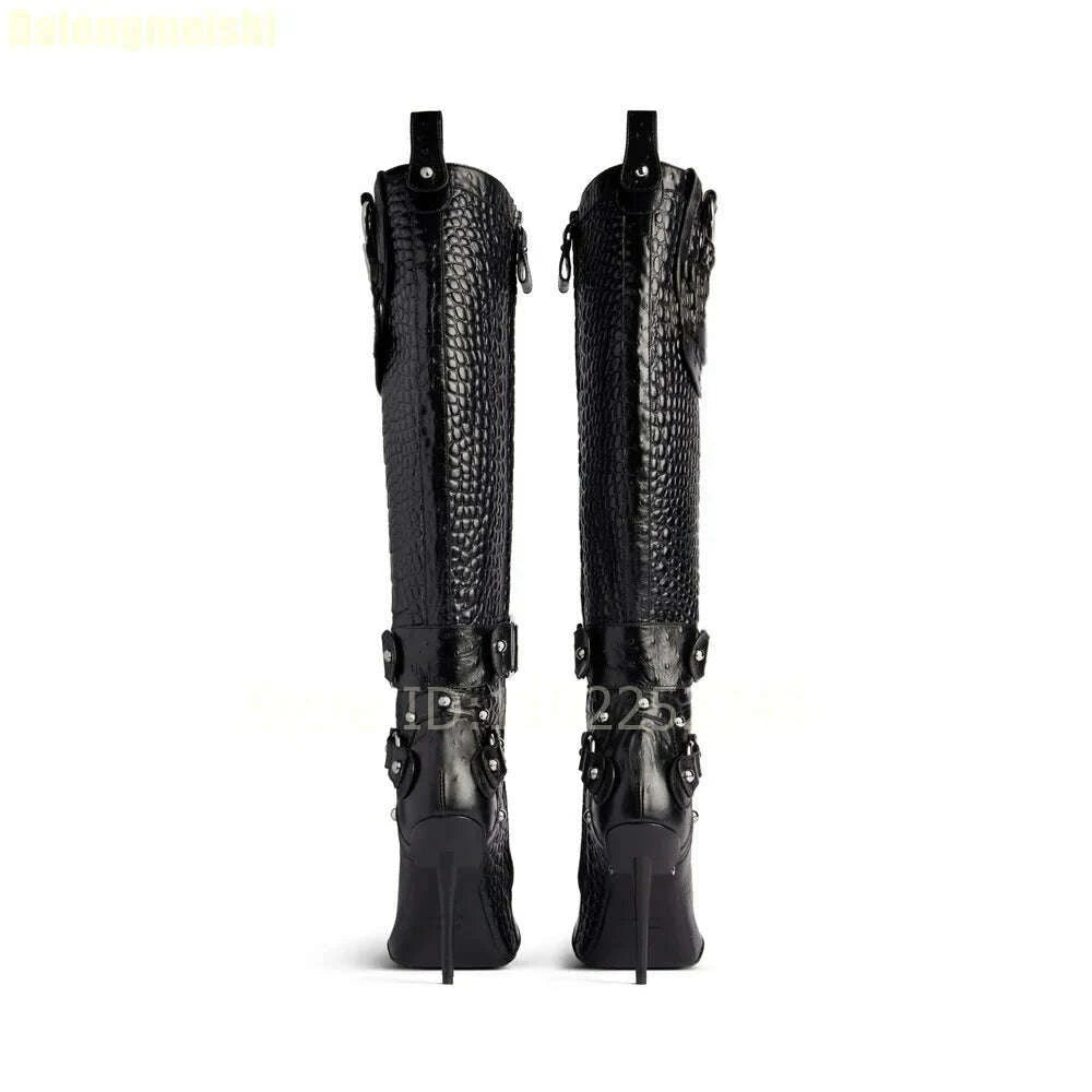 2025-new-stiletto-high-heels-crocodile-pattern-boots-fashion-b-button-motorcycle-pointed-toe-boots-womens-black-knee-high-bootskimlud-womens-fashion-34628932