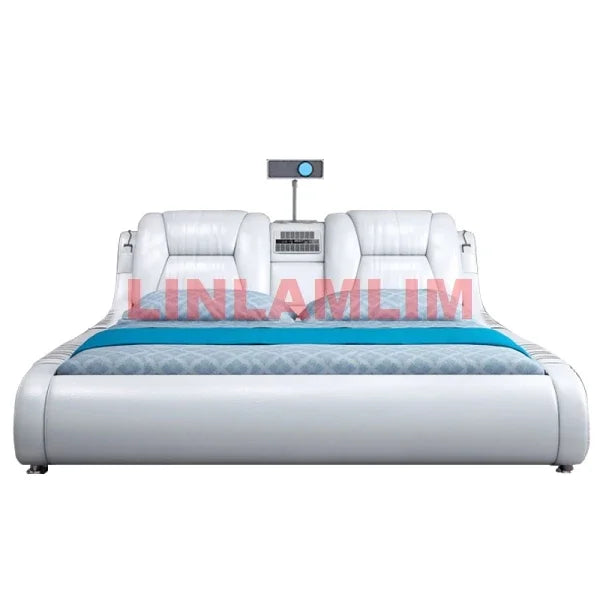 Genuine Leather Bed With Built-In Massage Bluetooth Speaker Air Cleaner Projector And Drawers — White | KIMLUD