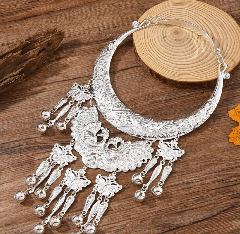 Layer Necklace - Ethnic Miao Retro - Zinc Alloy - Silver | KIMLUD