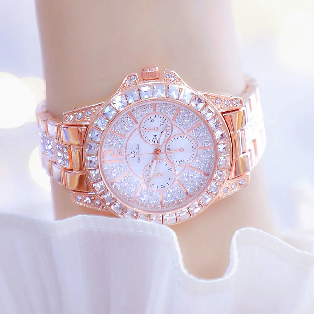 Lux Elegant Diamond Dial Two-Tone Watch — Silver | KIMLUD