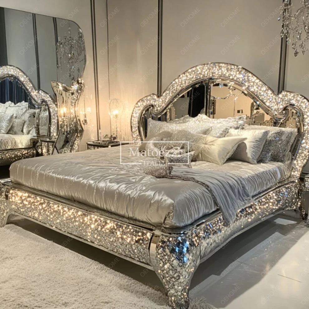Modern Diamond Mirror Bed Bedroom or Hotel Villa Luxury Bedroom Furniture