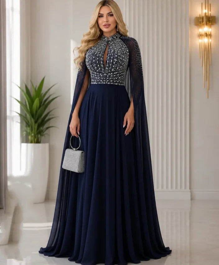 Mother of the Bride Dress – Beaded Cape – Chiffon Maxi – Champagne | KIMLUD