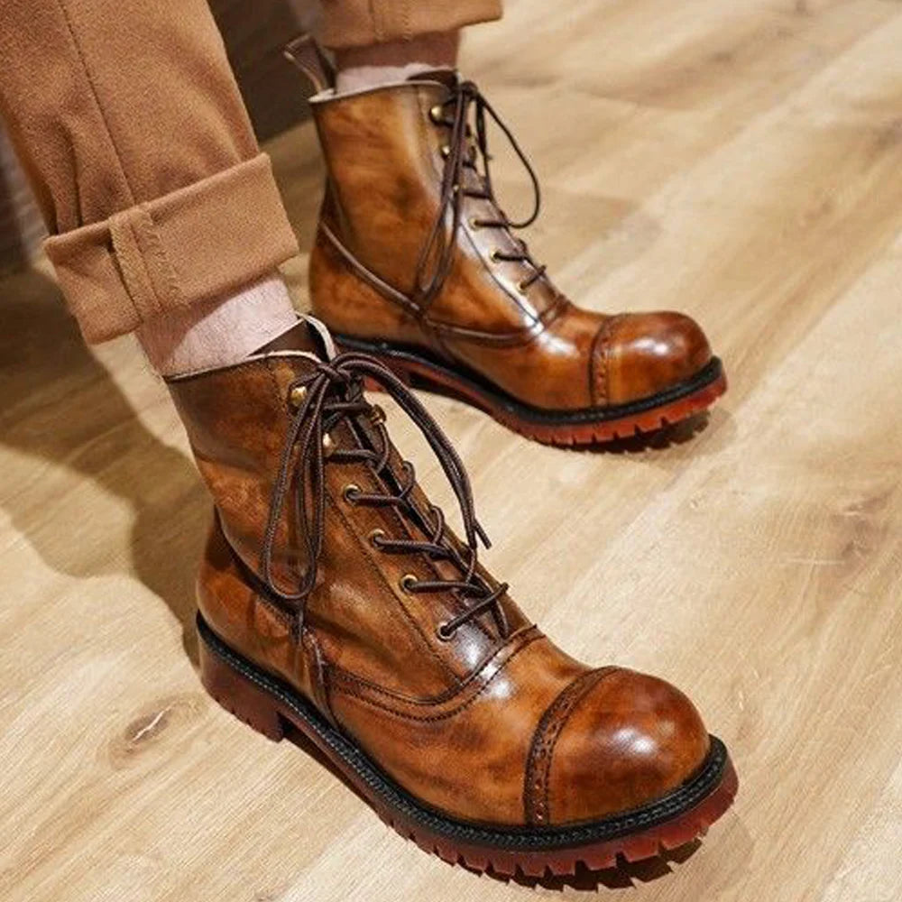 Cow Genuine Leather Motorcycle Boots Brogue Shoes Retro High Big Head Chelsea Men's Boots Ankle Boots For Men Brown