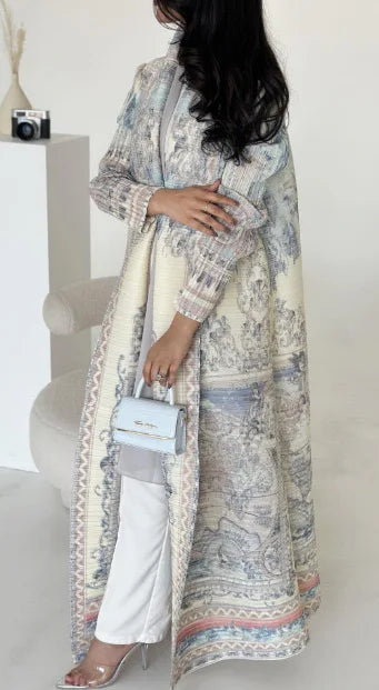 Miyake Fold 2025 Spring New Big Lapel Lace-up Cardigan Long Coat Abaya National Style Printed Long Cape Coat