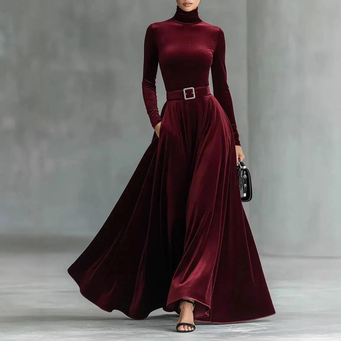 Velvet High Collar Evening Gown Mid-Waist Draped Skirt — Black | KIMLUD