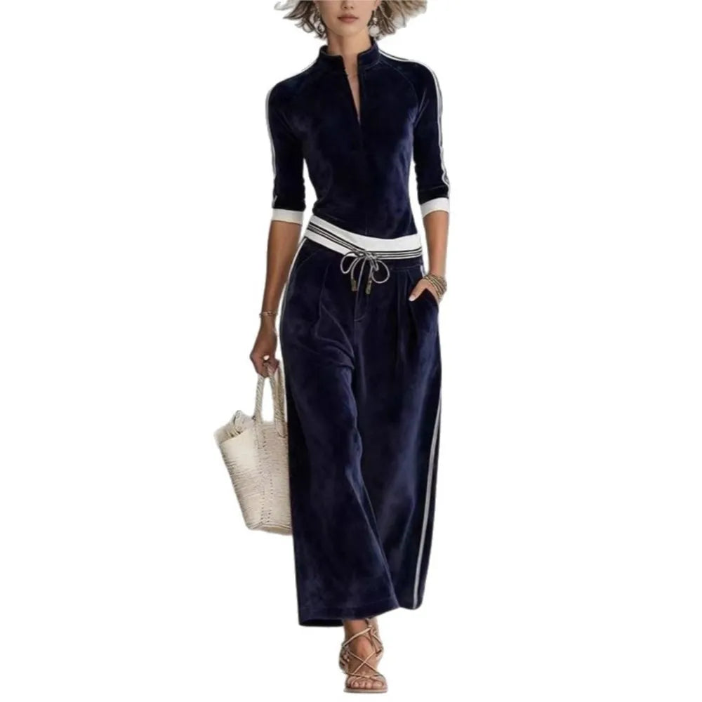 Velvet Color-Blocked Striped Stand-Collar Top and Wide-Leg Trousers Two-Piece Set — Navy | KIMLUD