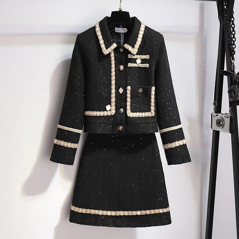 Two Piece Wool Jacket and Mini Skirt Set – Xiaoxiang Style – Wool | KIMLUD
