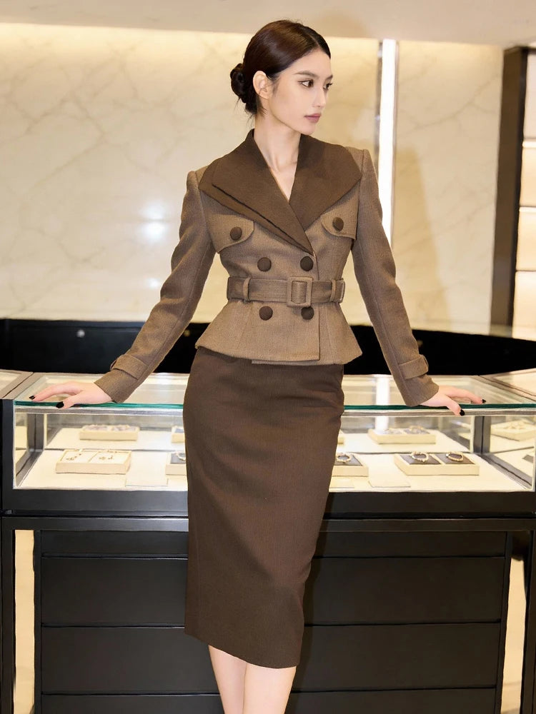 Midi Dress - High Waist Slim Pencil - Polyester - Brown | KIMLUD