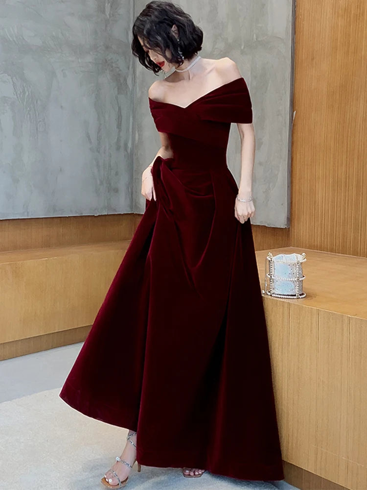 Velvet Maxi Dress – Off Shoulder – Maxi – Wine Red | KIMLUD
