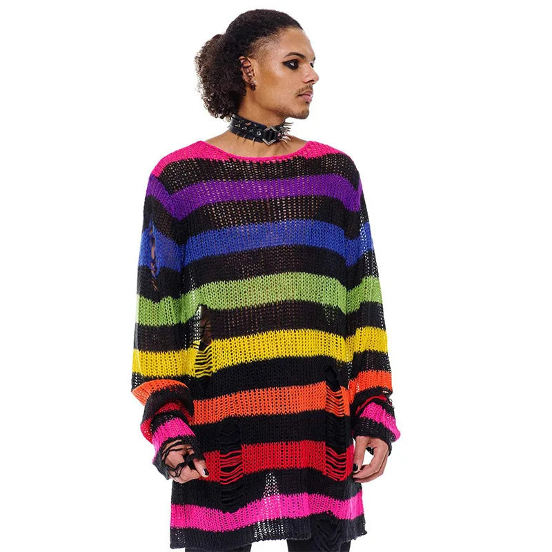 Sweater – Rainbow Gradient Stripes – Knit – Loose | KIMLUD