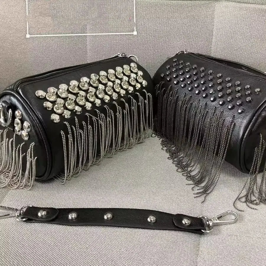 Handbag Mini Tassel Rivet Bucket Bag - Black | KIMLUD