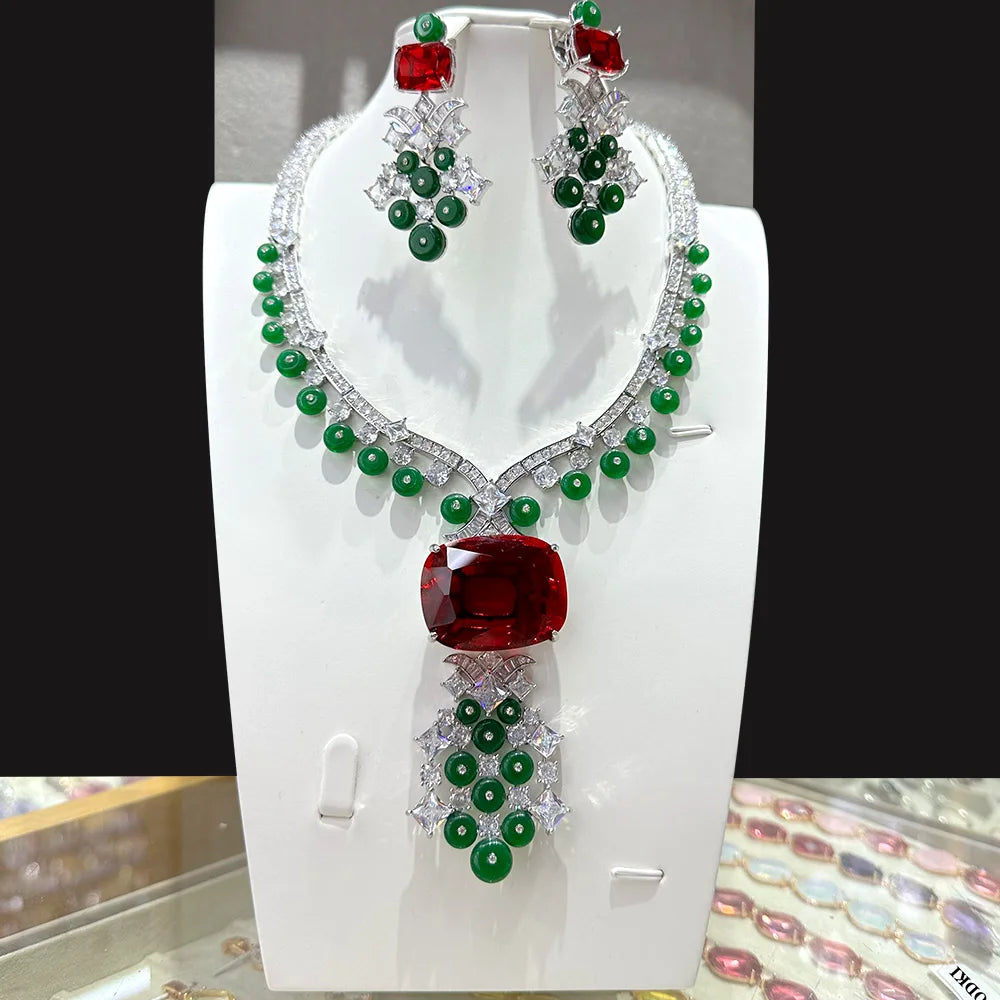 GODKI Trendy 2PCS Luxury Blue Green Zircon Statement Jewelry Set For Women Wedding Indian African Dubai Bridal Necklace