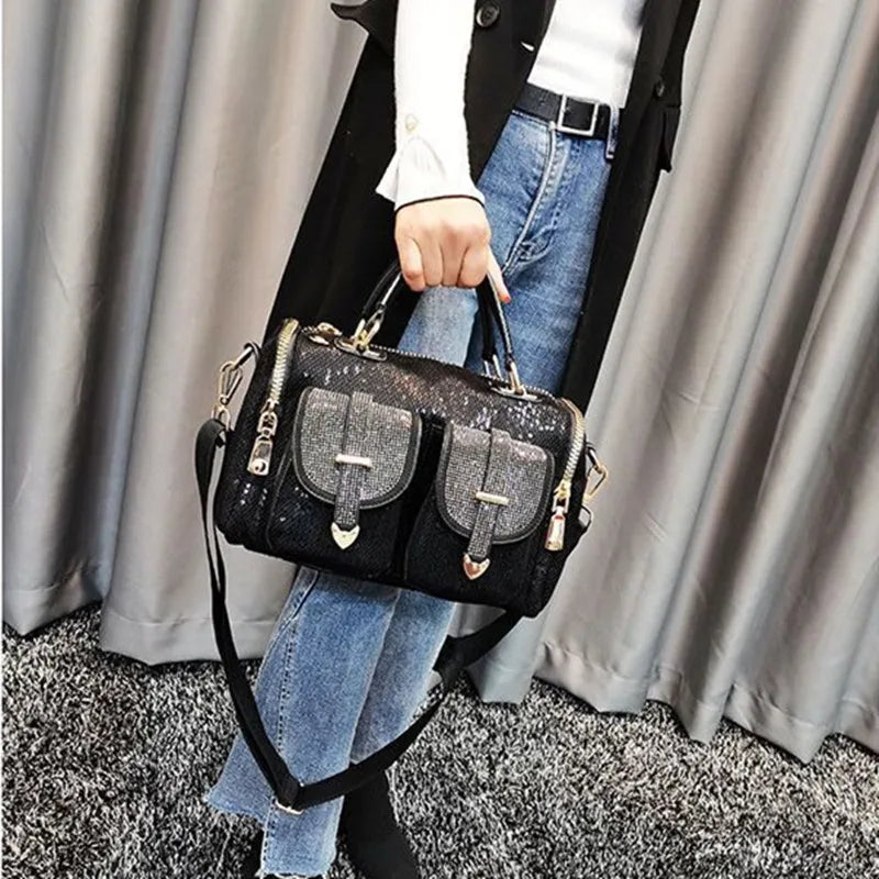 Mesh Paillette Messenger Bag Iridescent — Black | KIMLUD