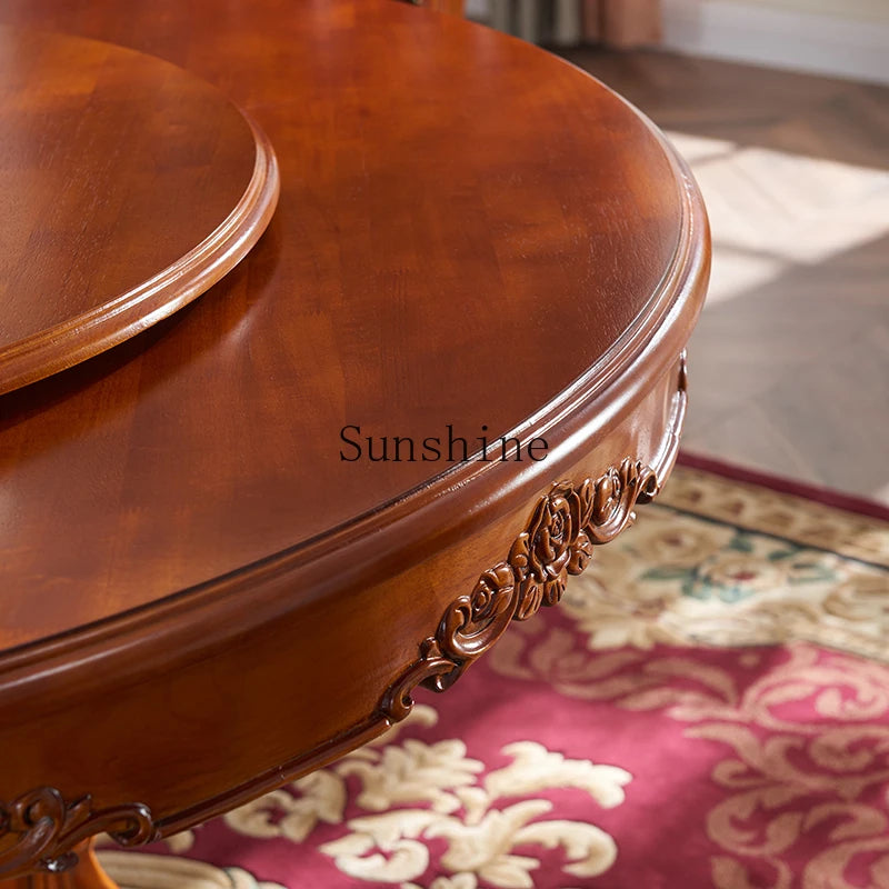 Solid Wood Round Dining Table With Turntable And Hand-Carved Details — Deep Walnut | KIMLUD