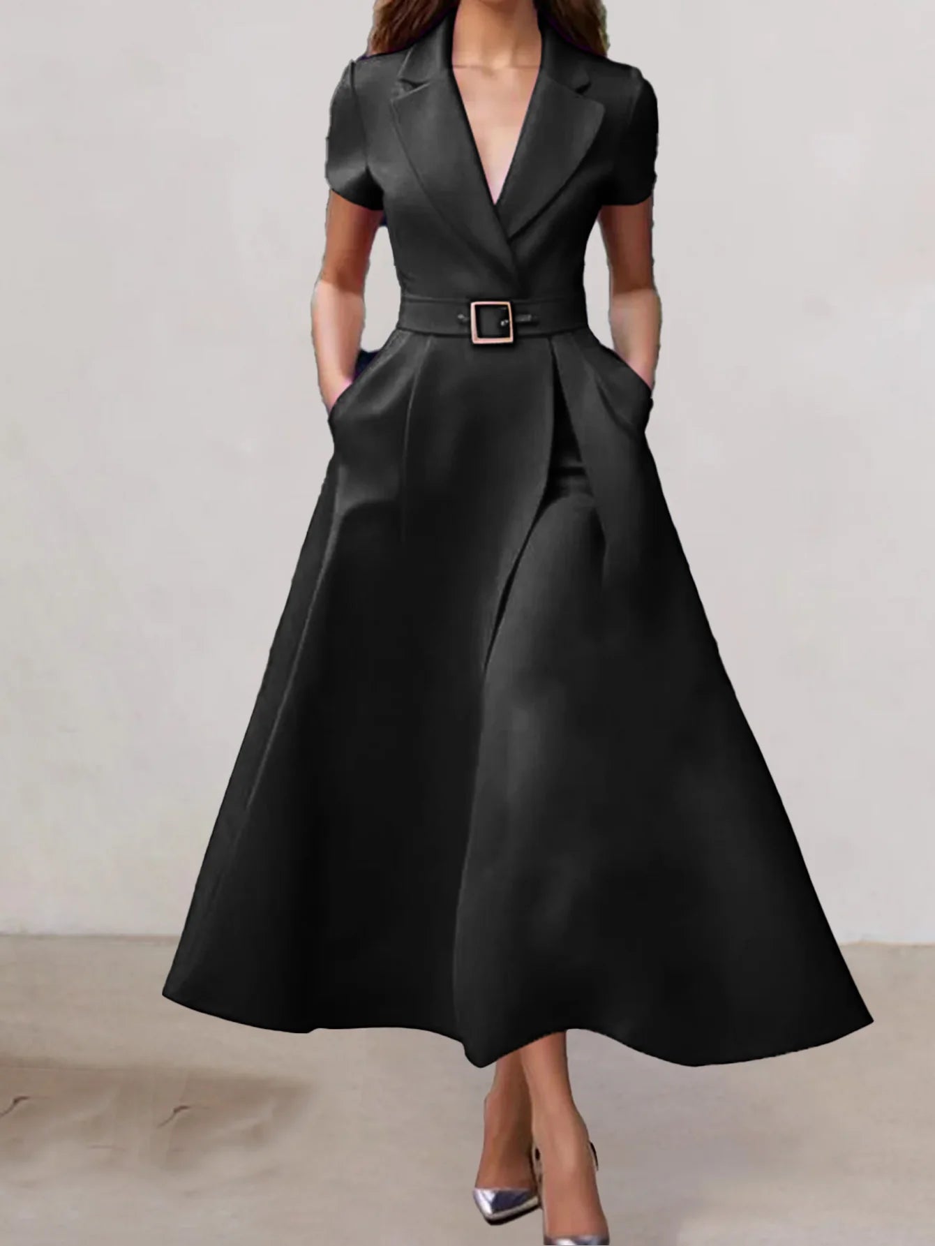 Elegant Black Satin Midi Dress V-neck Short Sleeve A-line Office Chic Women's Dress with Pockets New Design 2025