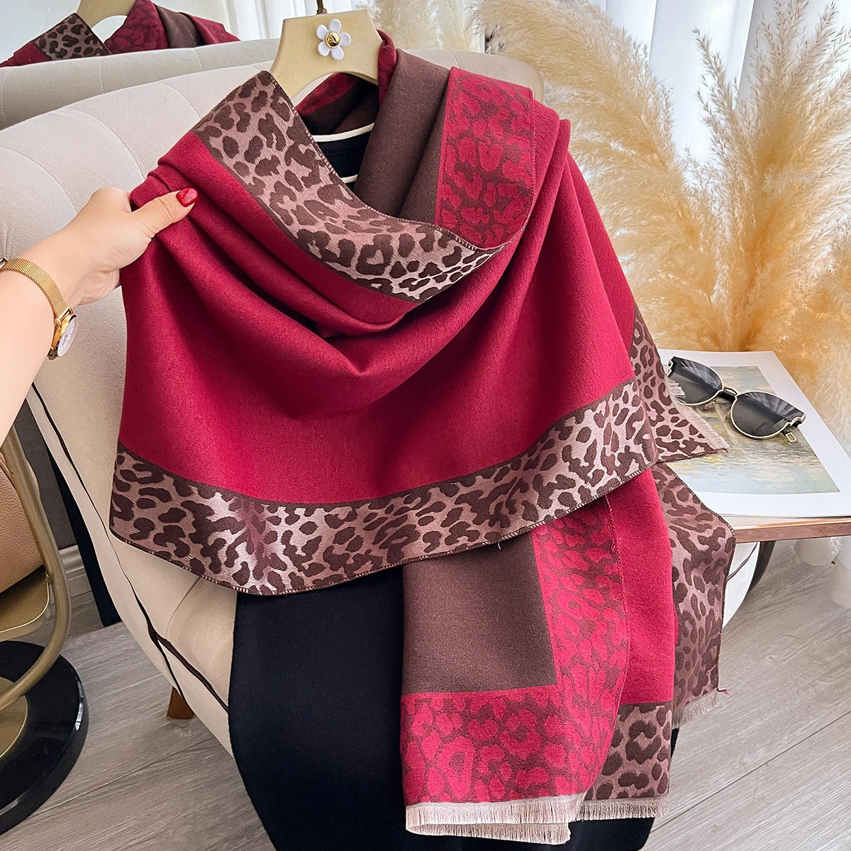 Cashmere Scarf Plaid Leopard Print Edge With Soft Knit For Winter Wrap — Blush Pink | KIMLUD