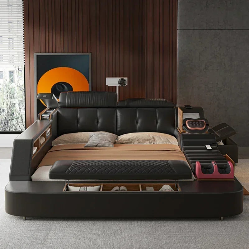 Genuine Leather Bed With Massager — Deep Charcoal Black | KIMLUD