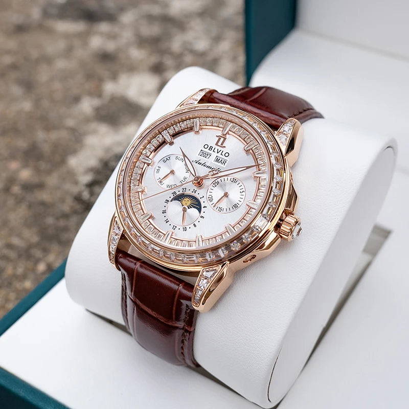 Leather Automatic Wristwatch 40mm Luminous Bezel — Chocolate Brown | KIMLUD