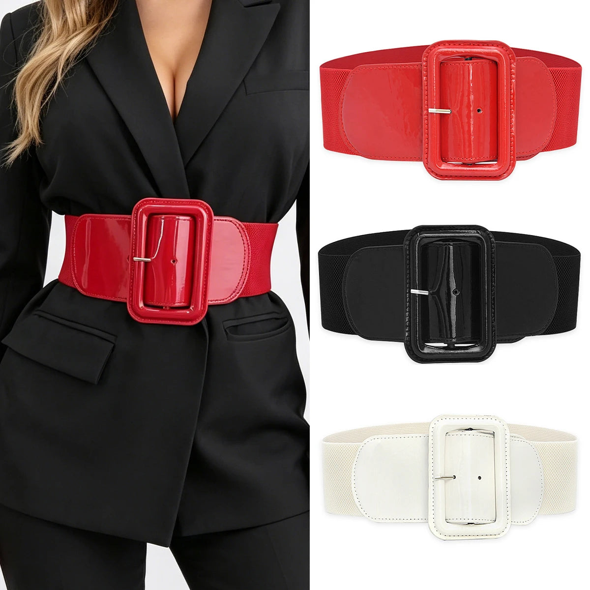 Plus Size Elastic Wide Corset Belt PU Square Buckle — Black | KIMLUD