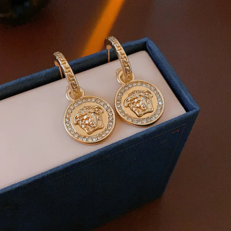 Resin Zinc Alloy Medusa Round Pendant Earrings — Gold | KIMLUD