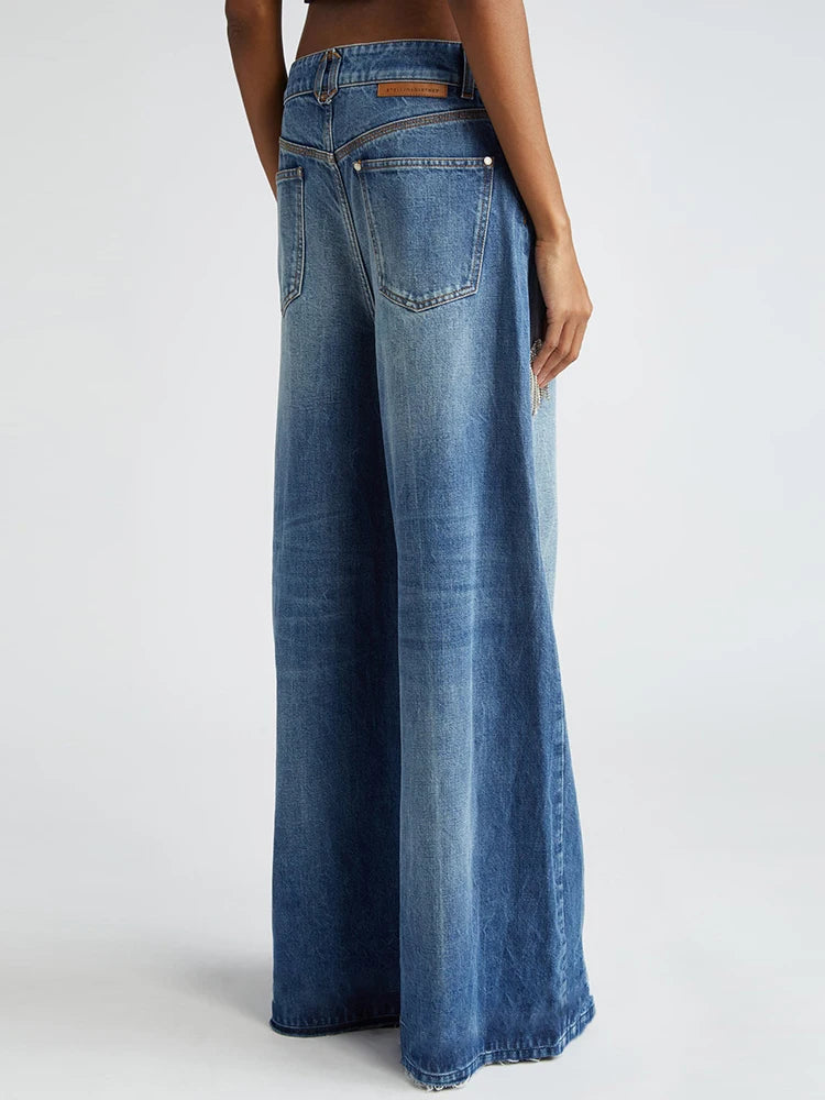 KIMLUD, TWOTWINSTYLE Solid Patchwork Tassel Chic Denim Pants For Women High Waist Spliced Button Wide Leg Straight Pants Female Fashion, KIMLUD Womens Clothes