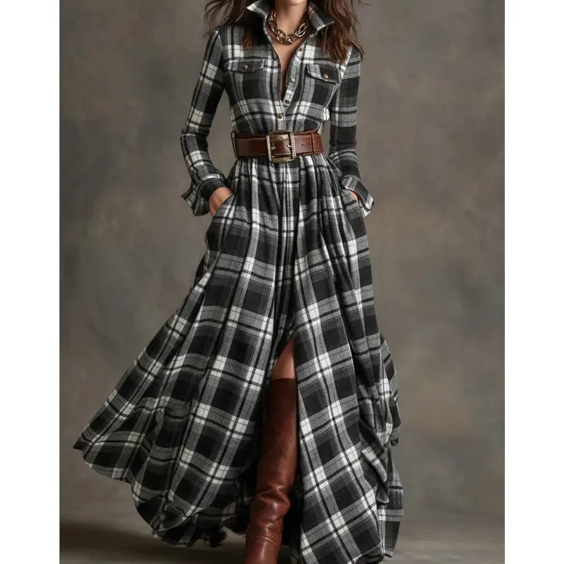 Retro Women's Shirt Maxi Dress Autumn Casual Long Sleeve Button Pocket Plaid Print Lapel Retro Long Dresses For Womem Vestidos
