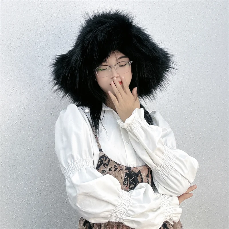 Winter Women Faux Fur Bucket Hat Warm Raccoon Fur Hat Oversize Outdoor Punk Hat Girl Fashion Long Fur Bucket Hat Furry Cute Cap - KIMLUD