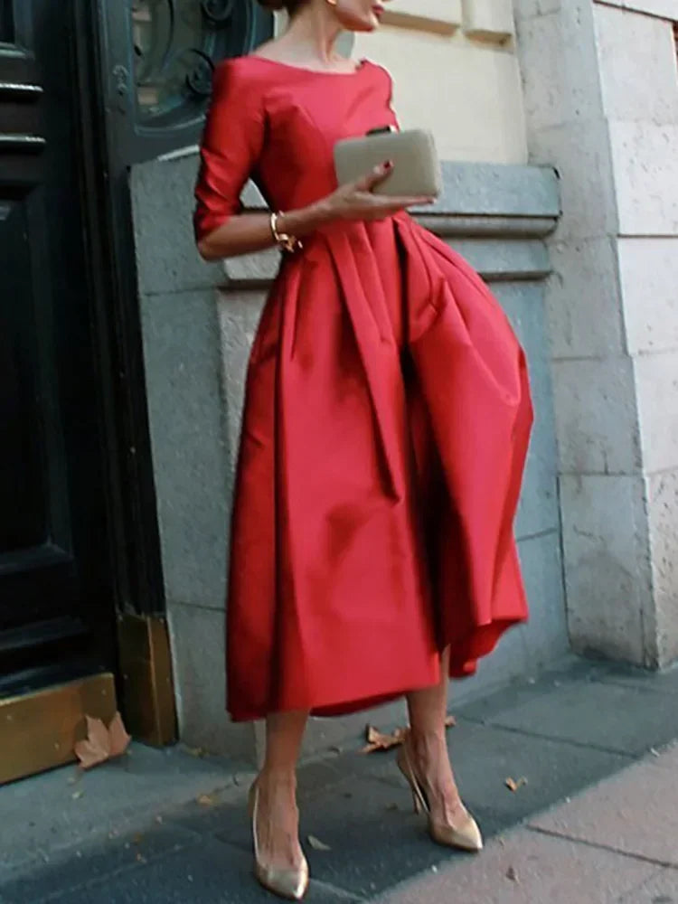Women's Elegant Banquet Evening Midi Dresses 2025 New Spring Half Sleeves Pleated Solid Color Party A-Line Dress