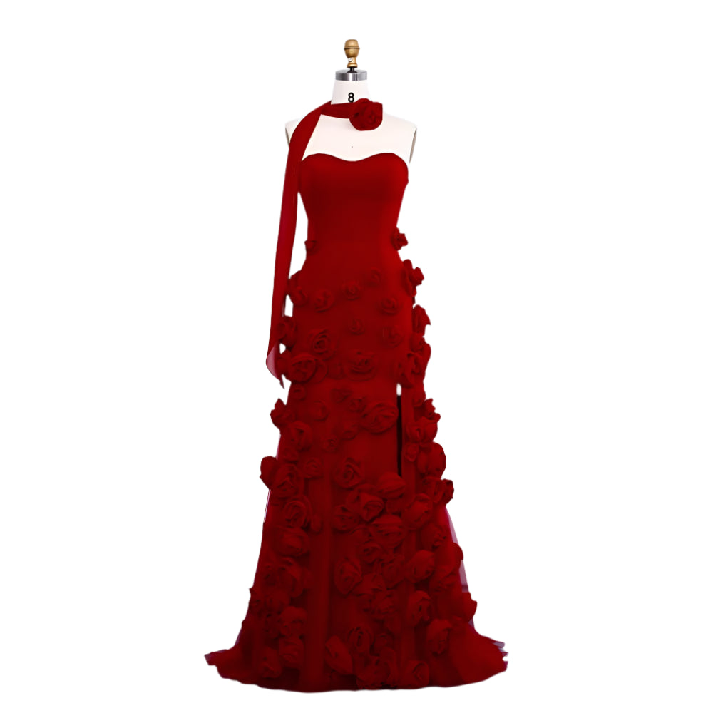 KIMLUD, RFYR Pink Mermaid Charming Prom Dress 3D Flower Formal Gown Sleevesless Evening Gown with Side Slit vestidos de noche Customized, Red / CHINA / 10, KIMLUD APPAREL - Womens Clothes