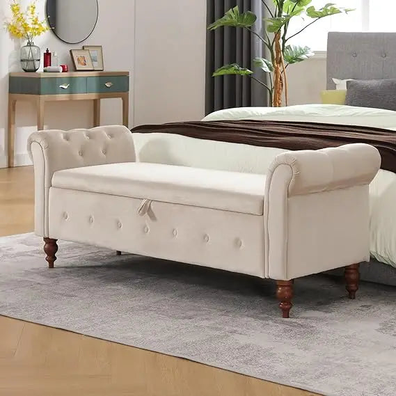 Velvet Storage Bench with Button for Entryway, Living Room63'' Storage Ottoman Bench for Bedroom, End of Bed Bench with Arms