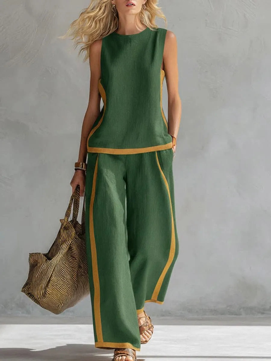 Women's 2-piece Set 2026 New Sleeveless Contrast Wide Leg Pants Suit Summer Casual Fashion Two-piece Trendy Style Women Clothing