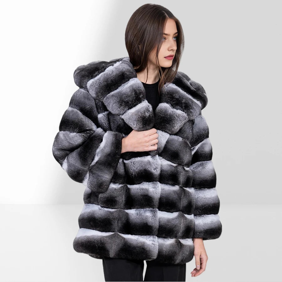 Women's Winter Jacket Real Rex Rabbit Fur Jacket With Hood Chinchilla Color Fur Coat High Quality Genuine Leather Jackets