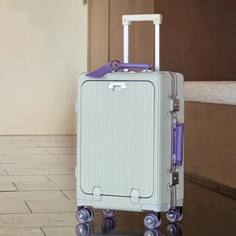Aluminum Front-Opening Carry-On Luggage — Deep Navy With Mint Accents | KIMLUD