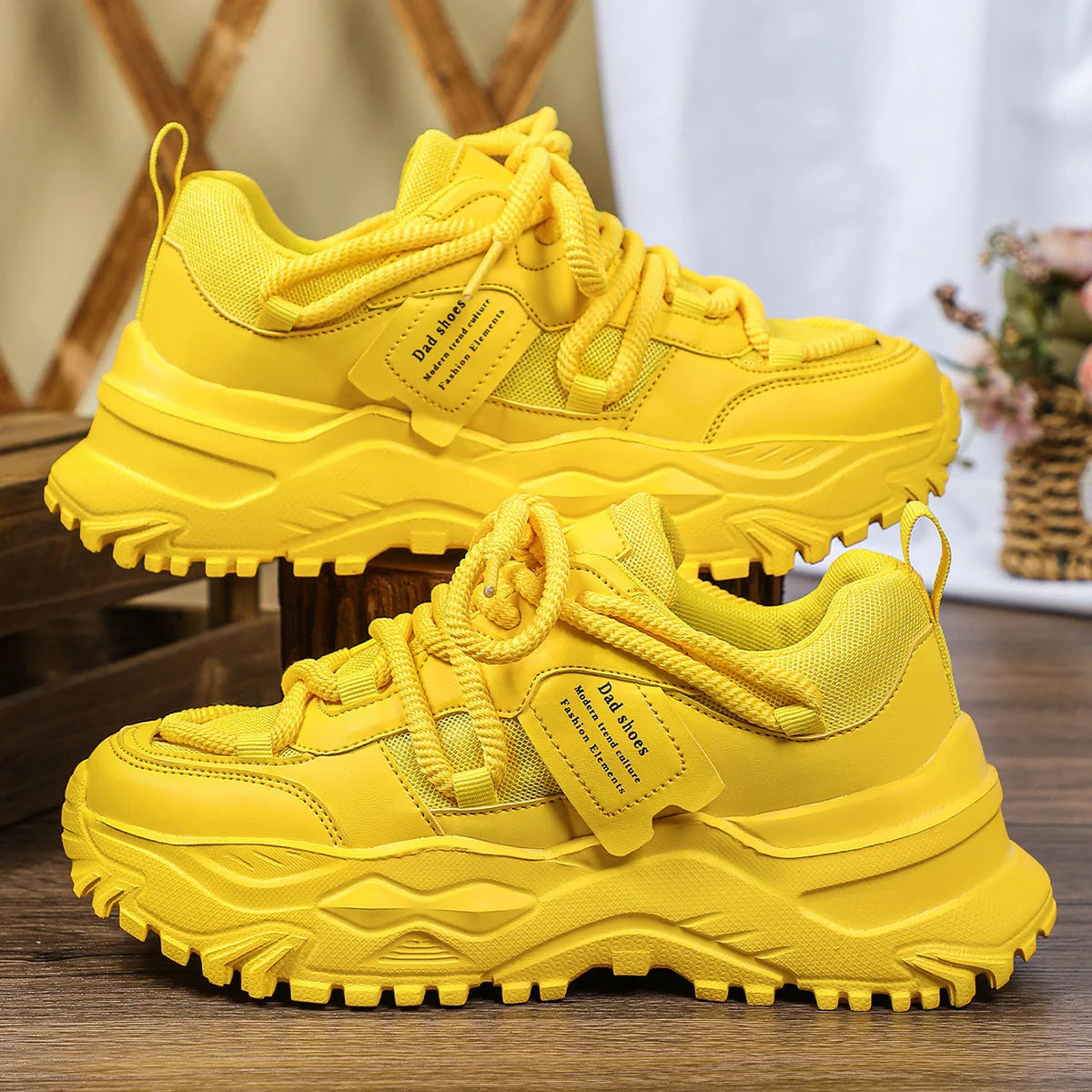 Platform Air Mesh Sneakers With Thick Sole — Yellow | KIMLUD